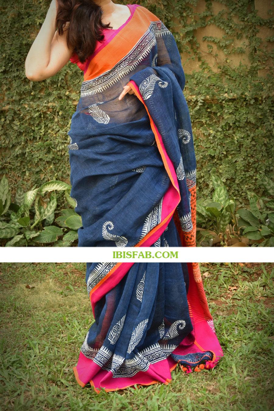 Linen saree in beautiful Night Blue, designer wear - Ibis Fab