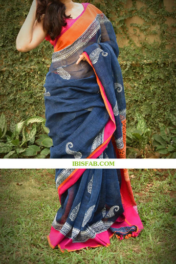 Linen saree in beautiful Night Blue, designer wear