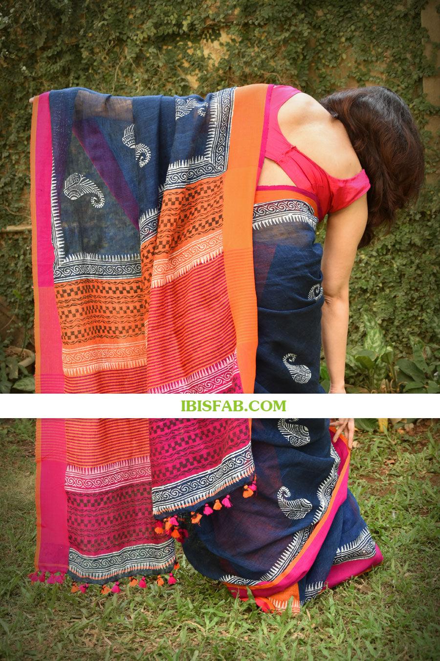 Linen saree in beautiful Night Blue, designer wear - Ibis Fab