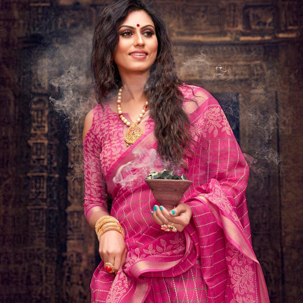 Linen saree in pink, party wear - Ibis Fab