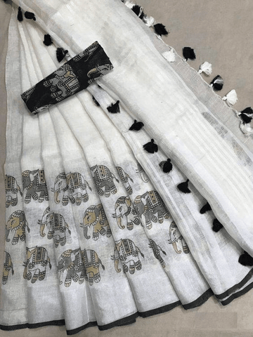 Linen saree in white radiant festive wear