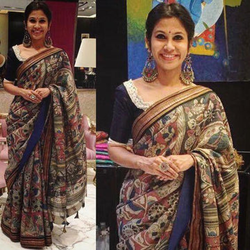 Linen saree Kalamkari printed beige color