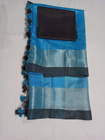 Linen saree light blue and black, shining printed wear - Ibis Fab