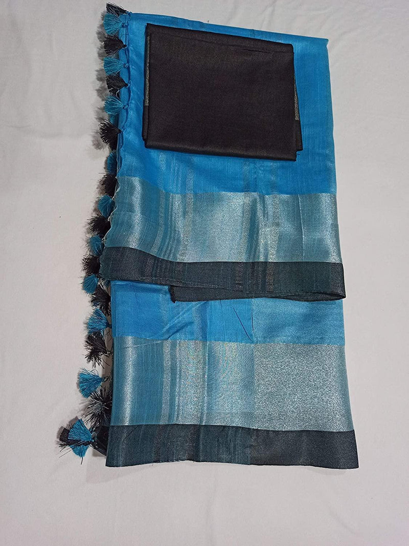 Linen saree light blue and black, shining printed wear - Ibis Fab