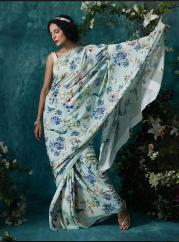 Linen Saree Mint Color Party wear