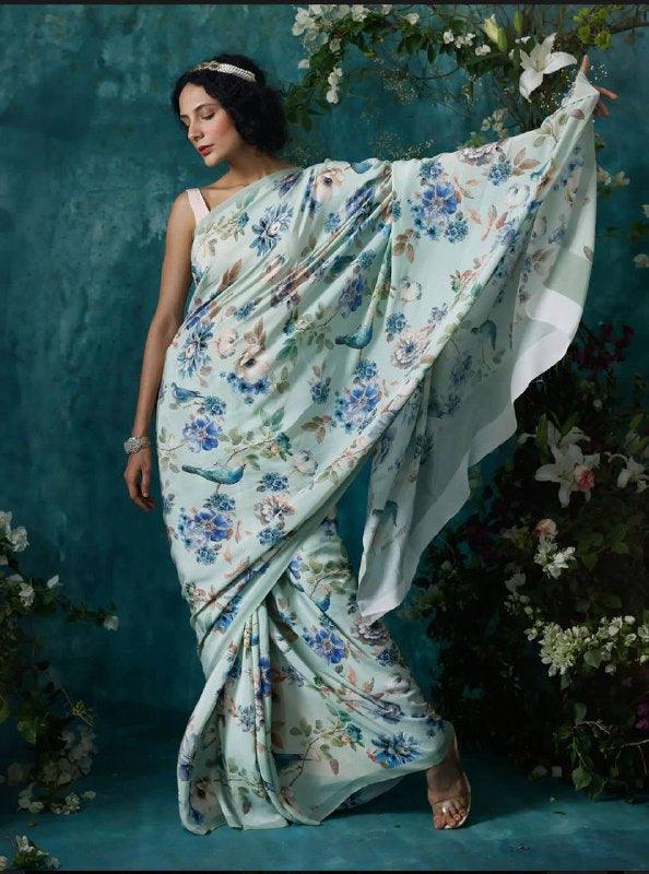 Linen Saree Mint Color Party wear - Ibis Fab