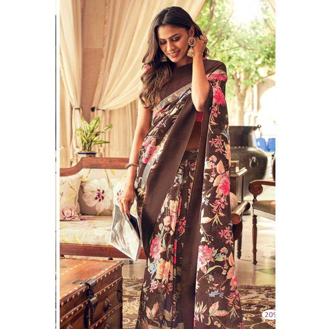 Lovely Brown Colour Printed Pure Linen Saree For Women - Ibis Fab