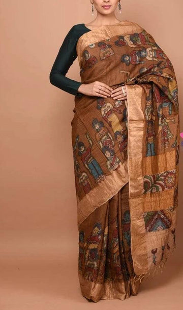 Lovely Green And Brown Colored Festive Wear Linen Saree