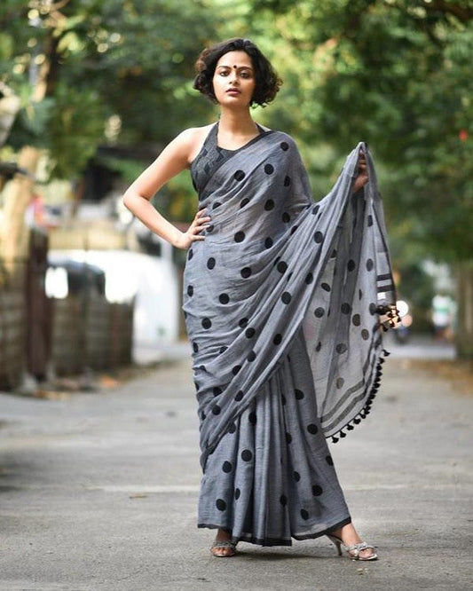 Lovely Grey & Black Colored Printed Pure Linen Saree - Ibis Fab