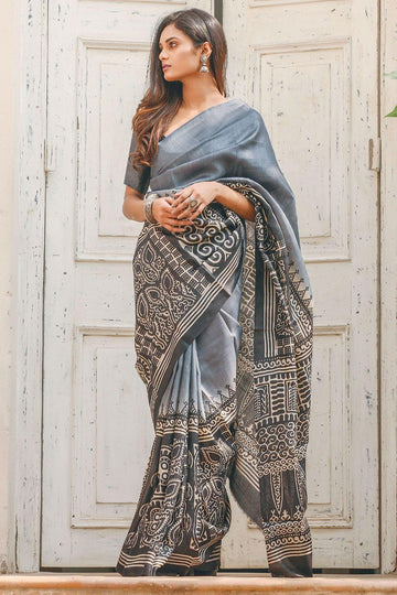 Lovely Grey Colored Casual Printed Linen Saree
