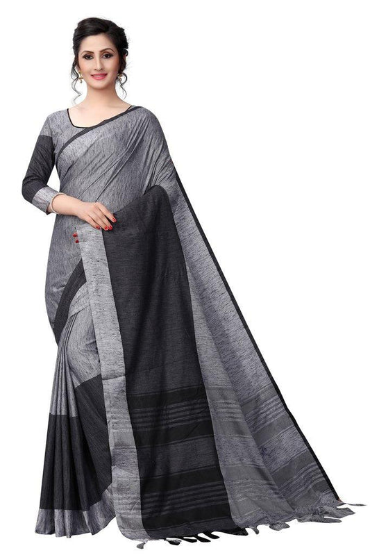 Lovely Latest Designer Black And Dark Grey Colored Pure Linen Saree - Ibis Fab