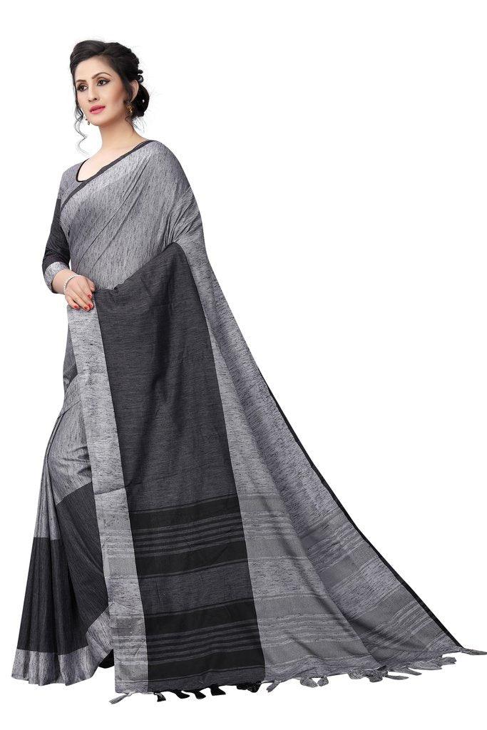 Lovely Latest Designer Black And Dark Grey Colored Pure Linen Saree - Ibis Fab