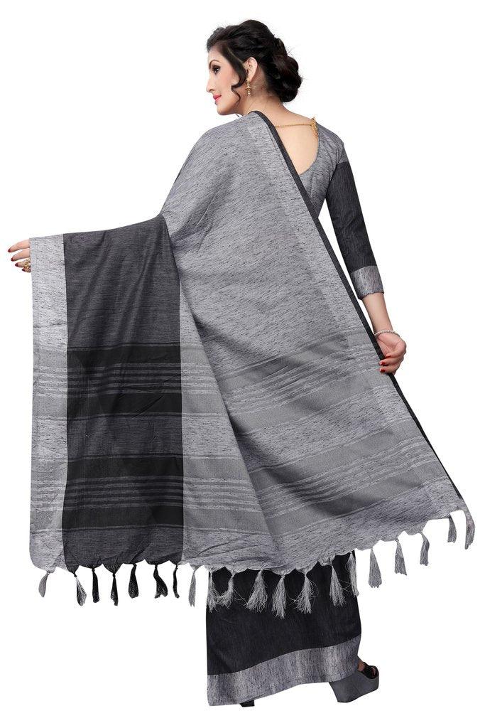 Lovely Latest Designer Black And Dark Grey Colored Pure Linen Saree - Ibis Fab