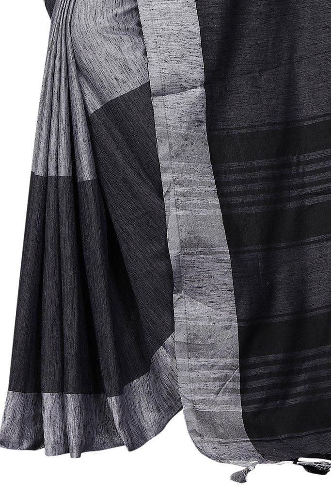 Lovely Latest Designer Black And Dark Grey Colored Pure Linen Saree - Ibis Fab