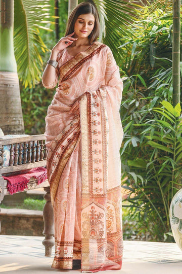 Lovely Light Pink colored Linen Designer Printed Saree