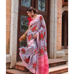 Lovely Light Purple Colored Printed Pure Linen Saree For Women - Ibis Fab