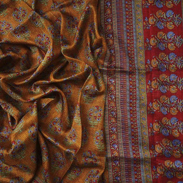 Lovely Mustard And Pink Colored Pure Linen Printed  Saree