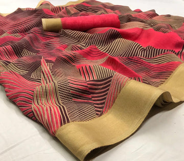 Lovely Pink Colored With Gold Border  Partywear Printed Pure Linen saree