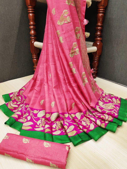 Lovely Pure Linen Pink Colored Casual Printed Saree - Ibis Fab
