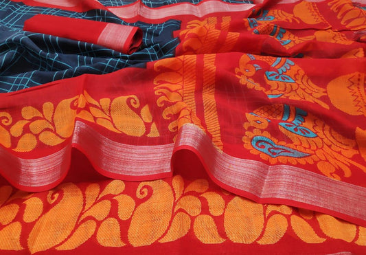 Lovely Red And Blue Colour Women's Pure Linen Saree With Unstiched Blouse Piece - Ibis Fab