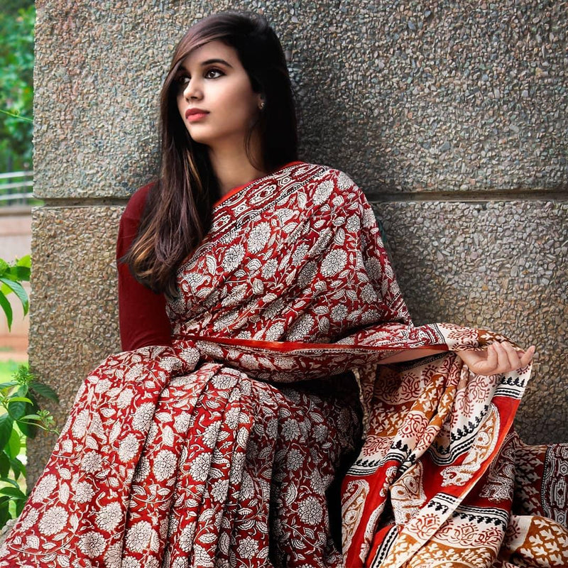 Lovely Red Colour Printed Pure Linen Saree For Women - Ibis Fab