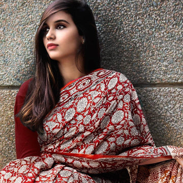 Lovely Red Colour Printed Pure Linen Saree For Women