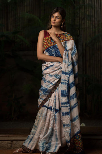 Lovely White Blue Linen Designer Printed Saree