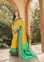 Lovely Yellow And Parrot Green Colored PartyWear Pure Linen Saree - Ibis Fab