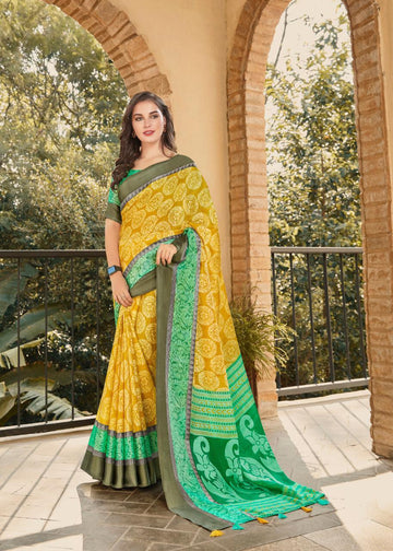 Lovely Yellow And Parrot Green Colored PartyWear Pure Linen Saree