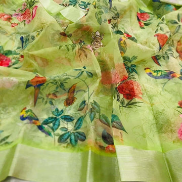 Magnetic Green Colored Party Wear Pure linen Printed Saree