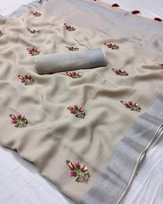 Magnetic Grey Colored  Festive Wear Printed  Pure Linen Saree