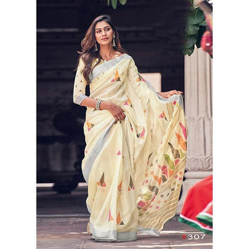 Magnetic Light Yellow Colored Festive Wear Pure Linen Designer Saree
