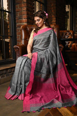 Magnetic Women's dark Grey Color Pure Linen Saree With Blouse Piece - Ibis Fab