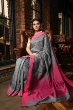 Magnetic Women's dark Grey Color Pure Linen Saree With Blouse Piece - Ibis Fab
