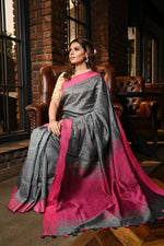 Magnetic Women's dark Grey Color Pure Linen Saree With Blouse Piece - Ibis Fab
