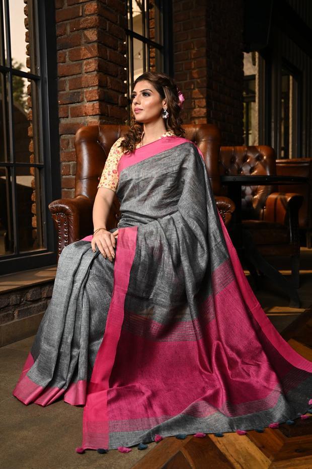 Magnetic Women's dark Grey Color Pure Linen Saree With Blouse Piece - Ibis Fab