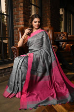 Magnetic Women's dark Grey Color Pure Linen Saree With Blouse Piece - Ibis Fab