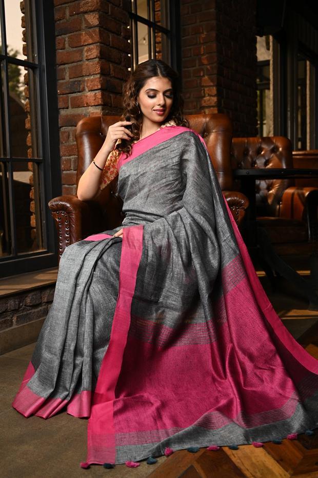 Magnetic Women's dark Grey Color Pure Linen Saree With Blouse Piece - Ibis Fab