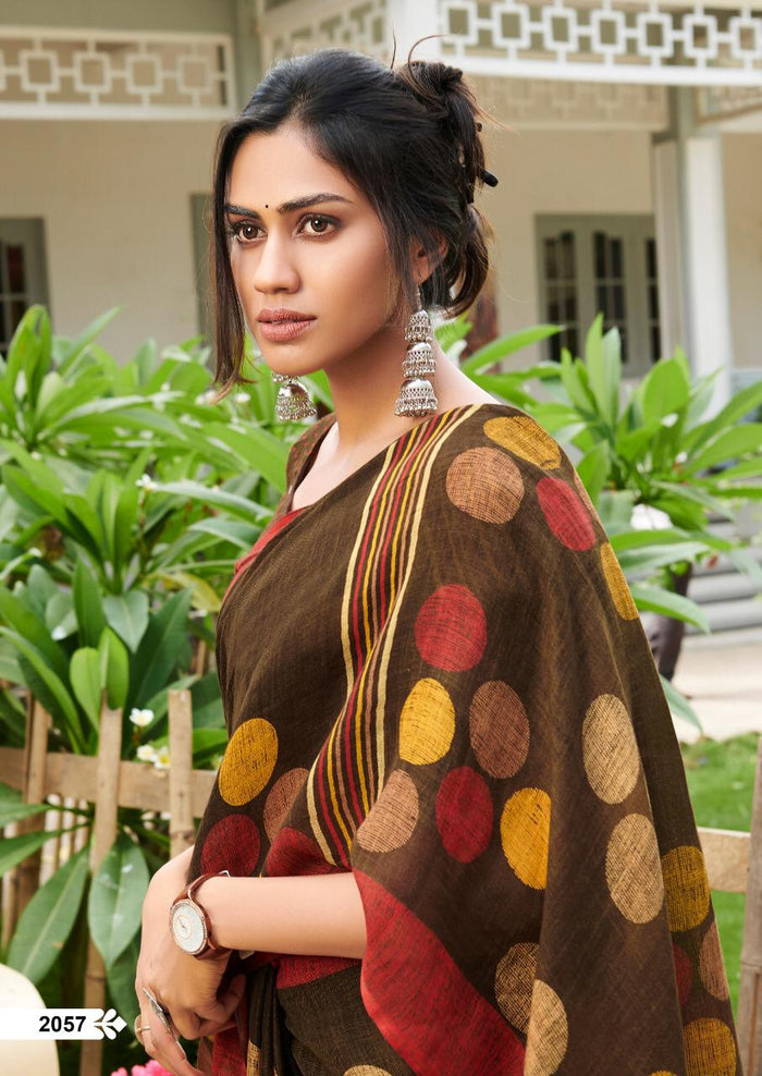 Majesty Brown Pure Colored Festive Wear Linen Designer Saree