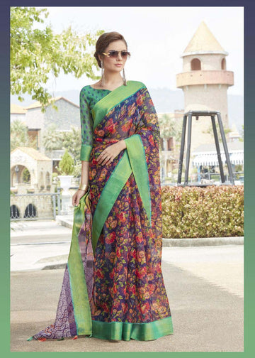 Majesty Pure Linen Green Colored Casual Printed Saree - Ibis Fab