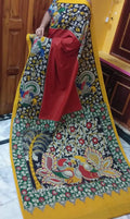 Majesty Red  colored Kalamkari Linen Designer Printed Saree