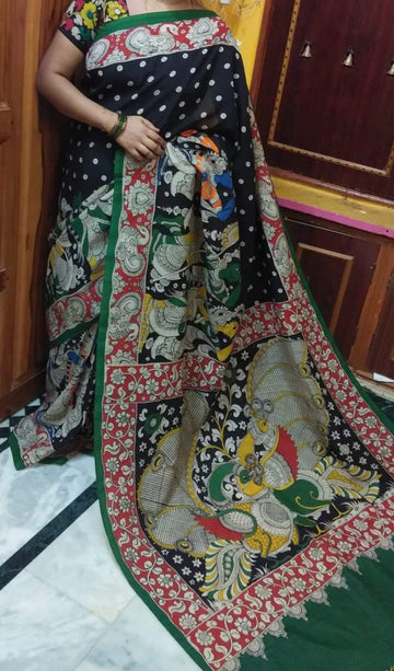 Marvellous Black and dark green colored Kalamkari Linen Designer Printed Saree