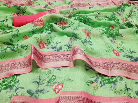 Marvellous green Colour Women's Pure Linen Saree With Unstiched Blouse Piece - Ibis Fab