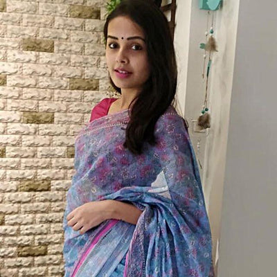 Marvellous Light blue Colored Printed Pure Linen Saree For Women - Ibis Fab