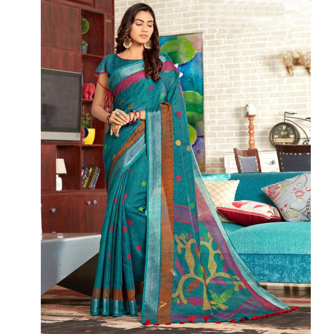 Marvellous Light blue Colour Printed Pure Linen Saree For Women - Ibis Fab