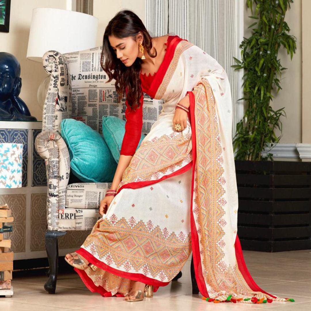 Marvellous white Colour Printed Pure Linen Saree For Women - Ibis Fab