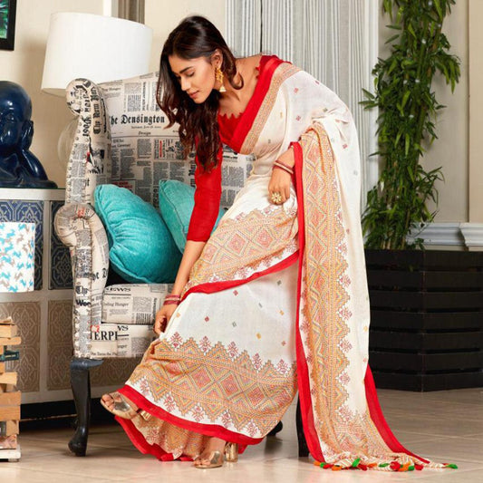 Marvellous white Colour Printed Pure Linen Saree For Women - Ibis Fab