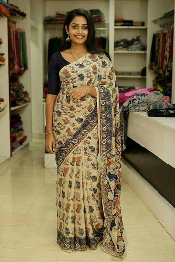 Mesmeric beige colored Kalamkari Linen Designer Printed Saree