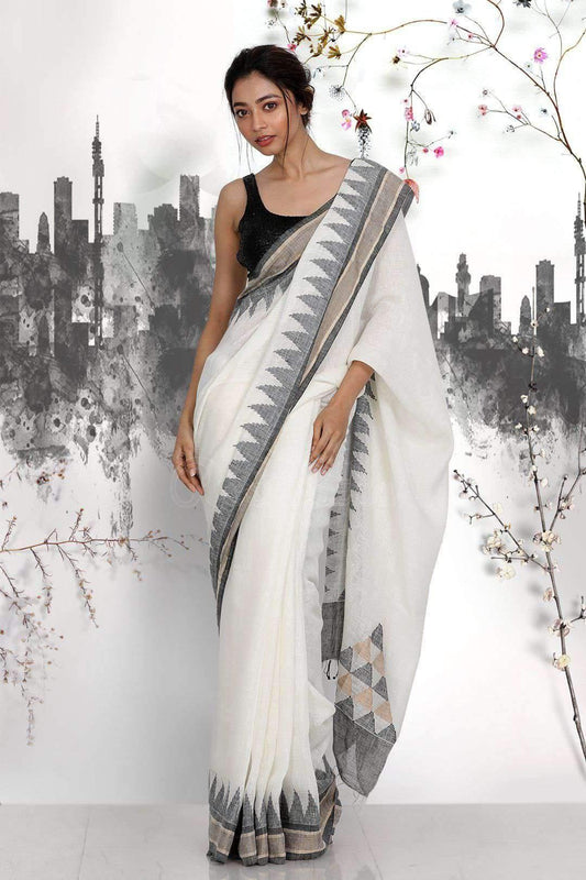 Mesmeric White Colored Festive Wear Printed Pure Linen Saree - Ibis Fab