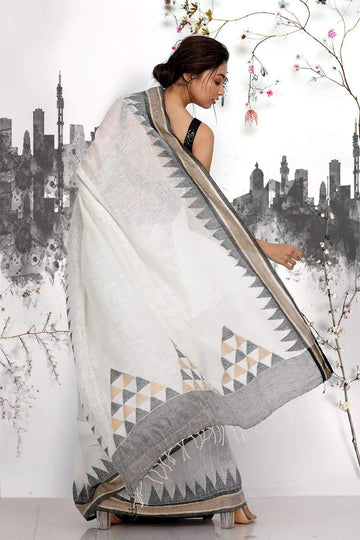 Mesmeric White Colored  Festive Wear Printed  Pure Linen Saree